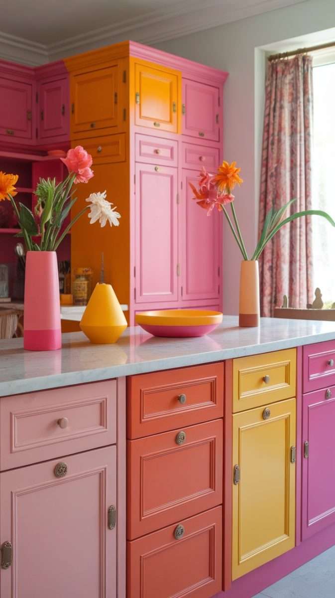 Vibrant kitchen featuring colorful cabinets in shades of pink, orange, and yellow with a marble countertop