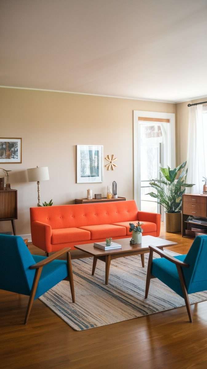 Mid century modern living room featuring an orange couch, turquoise chairs, and a wooden coffee table.