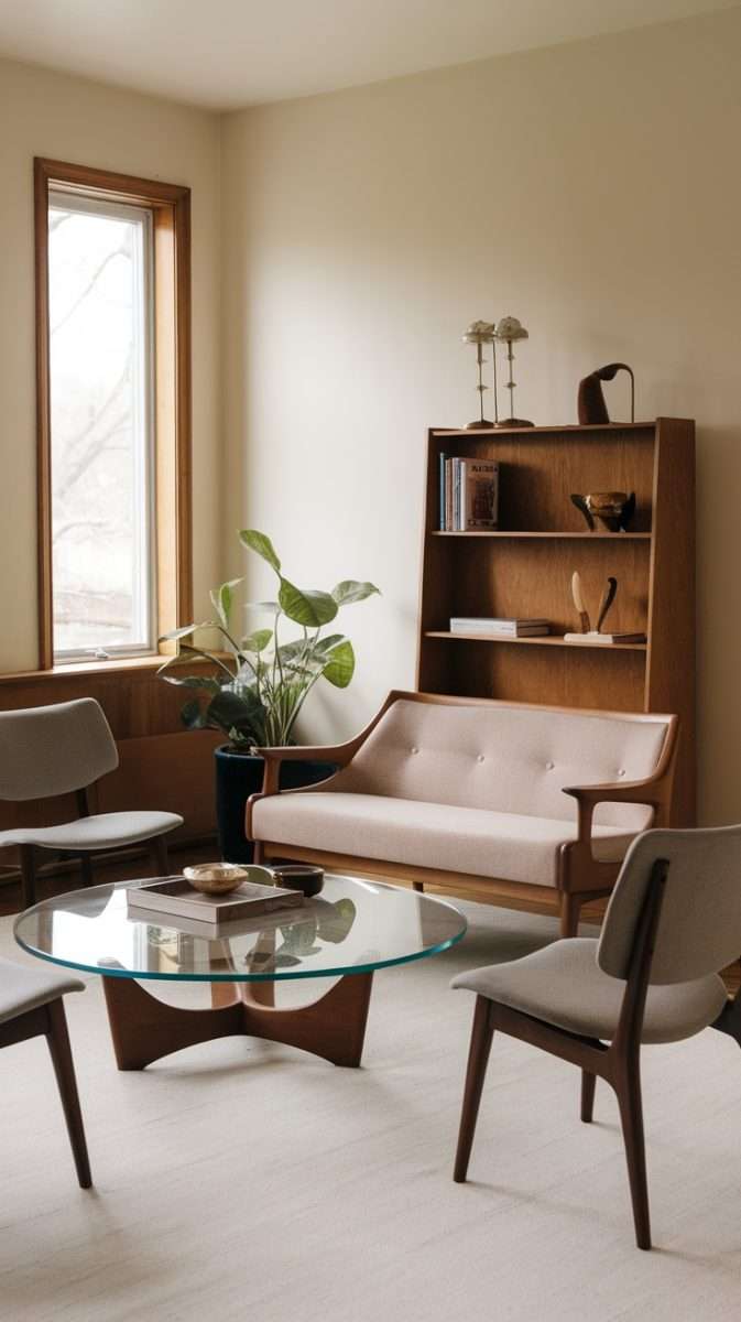A mid century modern living room featuring a sleek sofa, stylish chairs, and a unique coffee table with a potted plant by the window.
