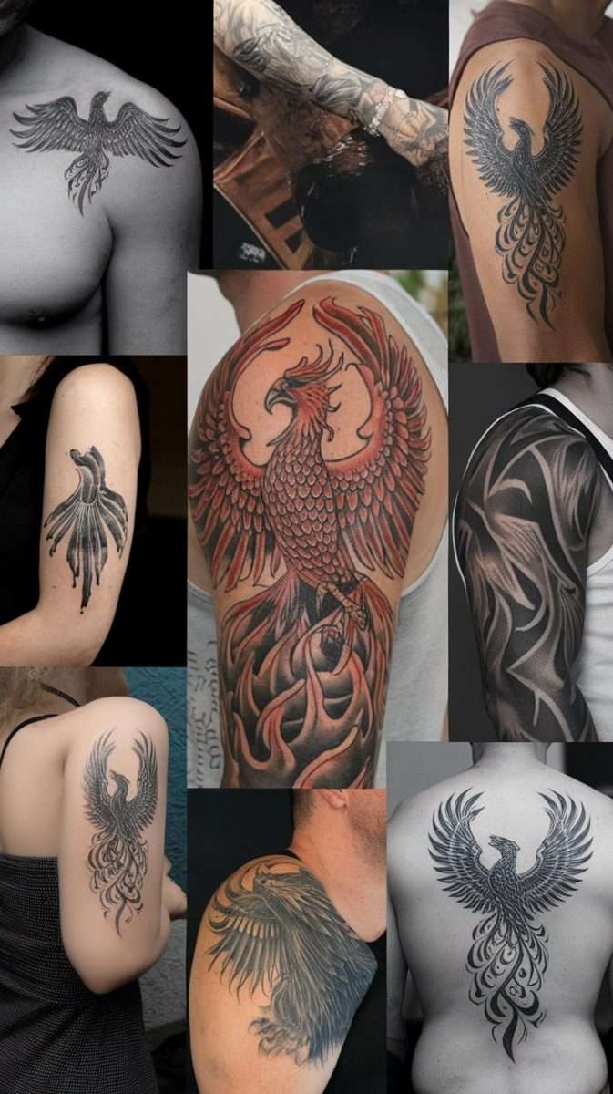 A collage of various phoenix tattoos showcasing different styles and designs