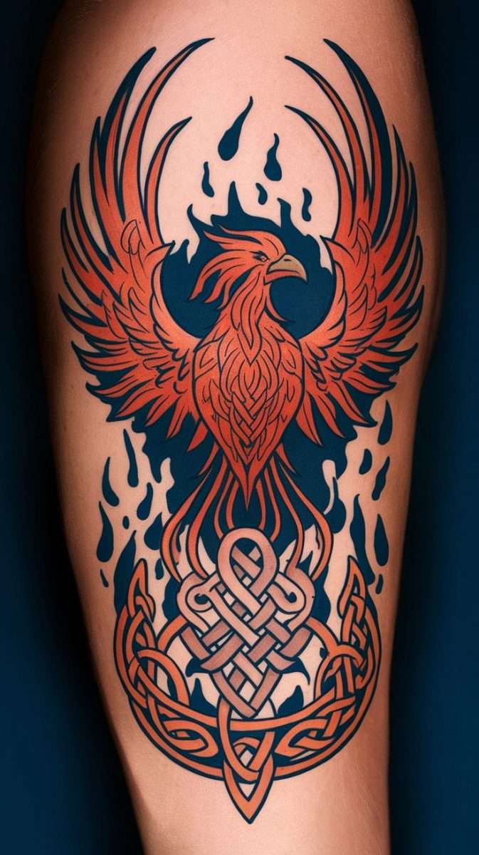 Celtic influence in a feminine rebirth phoenix tattoo design, featuring intricate knots and vibrant colors.
