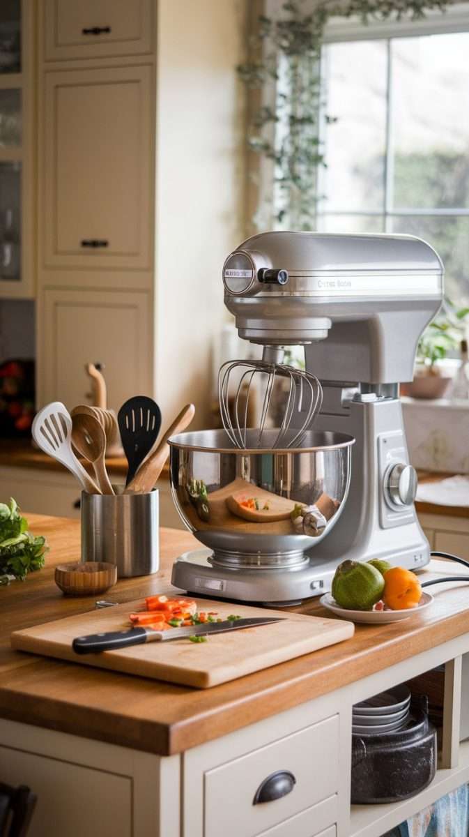 A kitchen island with a mixer, utensils, and fresh ingredients for meal prep.
