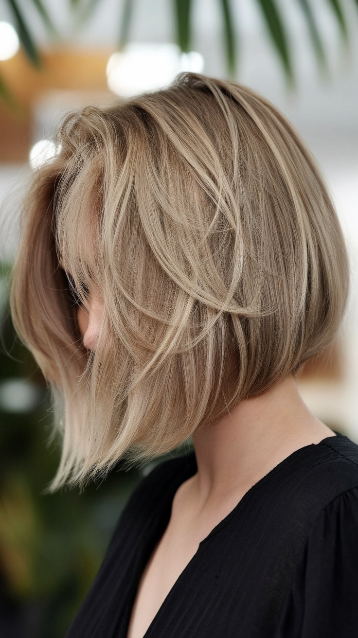 A woman with a chic bob haircut featuring subtle layers, showcasing a light and airy style suitable for thin hair.