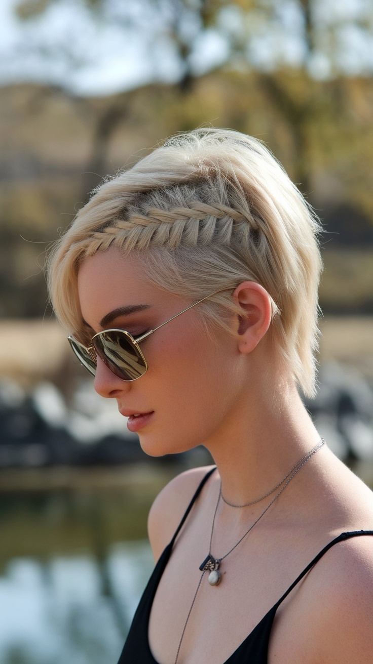 A woman with a chic side-braid pixie hairstyle, featuring a side braid, wearing sunglasses.
