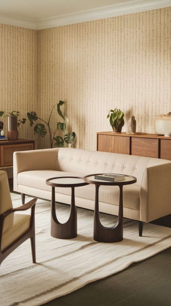 A mid century modern living room featuring a beige sofa and two stylish side tables.