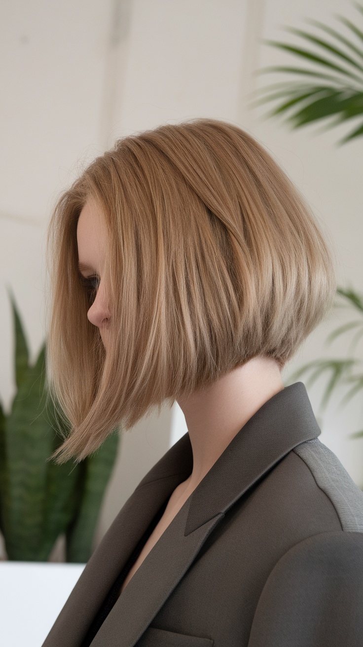 A side view of a woman with a choppy bob hairstyle, highlighting its texture and shape.