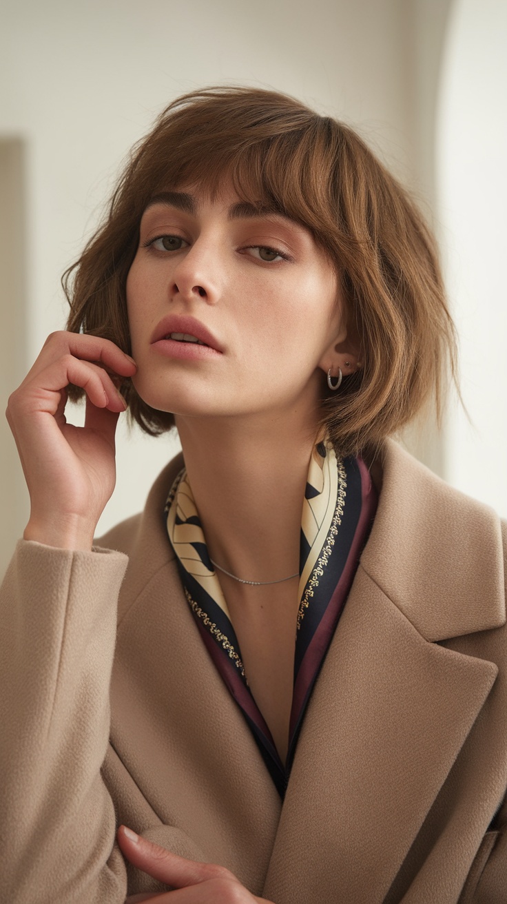 A model with a choppy bob hairstyle and bangs, wearing a stylish coat and scarf.