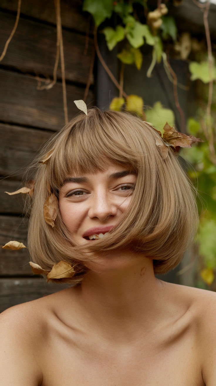 A woman with a choppy fringe bob hairstyle, smiling with leaves in her hair, against a natural background.