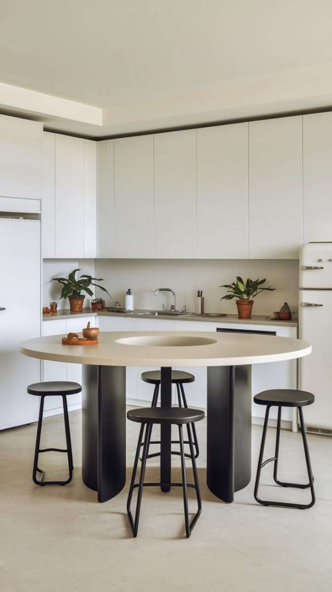 A modern circular kitchen island with a plant centerpiece and cushioned seating.