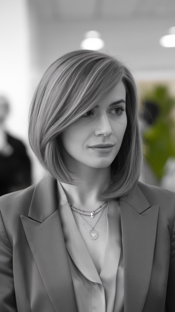 A woman with a classic bob hairstyle featuring a side part, dressed in a blazer.