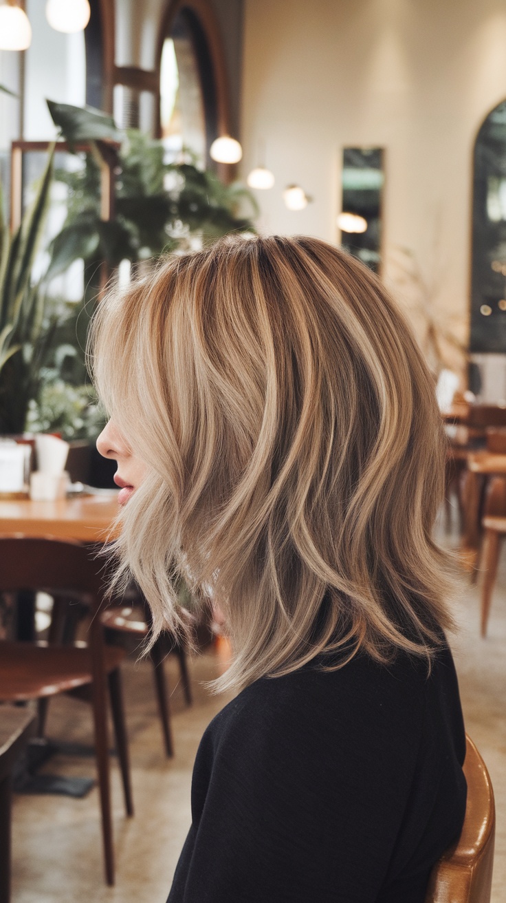 A woman with a classic layered shag haircut, featuring soft layers and subtle movement.