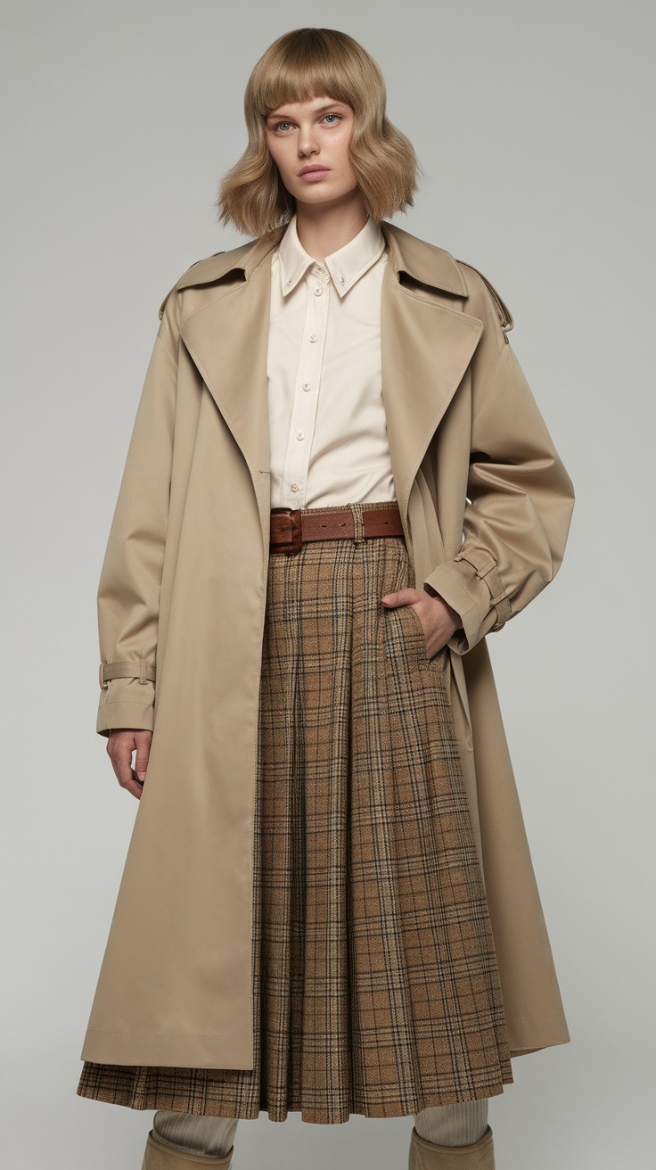 A model showcasing a classic shag haircut with soft waves, wearing a beige coat and plaid skirt.