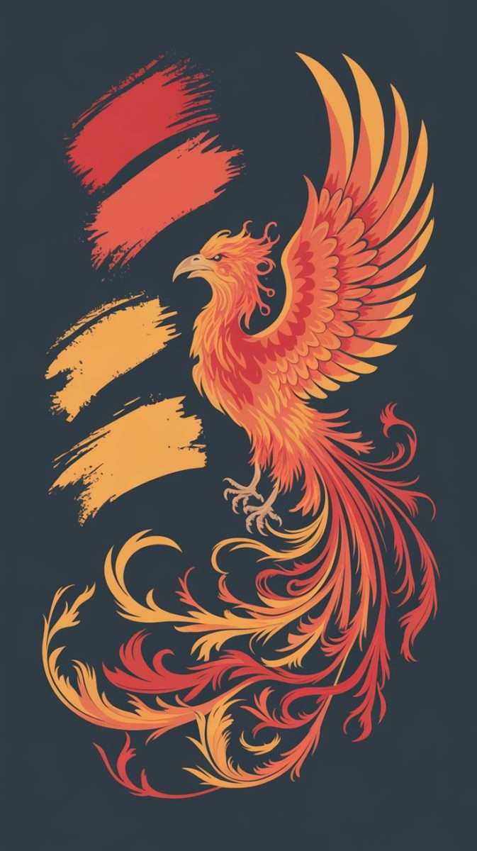 A vibrant illustration of a phoenix with a fiery color scheme, featuring shades of red, orange, and yellow.