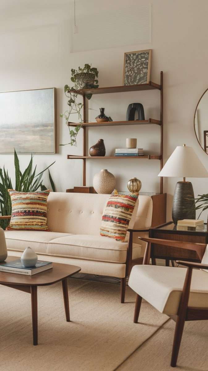A mid century modern living room featuring a beige sofa with colorful throw pillows, wooden furniture, and decorative plants.