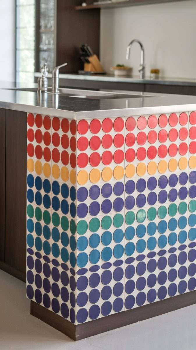 Colorful circular tiles on a kitchen island, featuring a vibrant pattern of red, yellow, blue, and green.