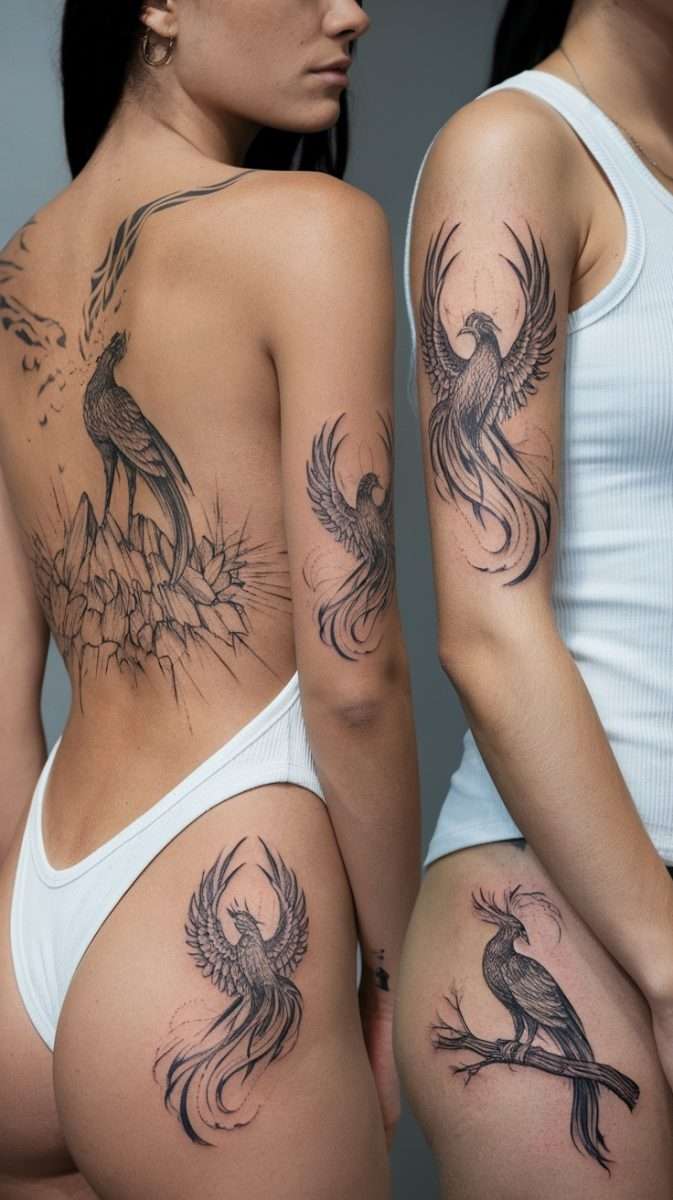 A colorful feminine rebirth phoenix tattoo surrounded by floral elements