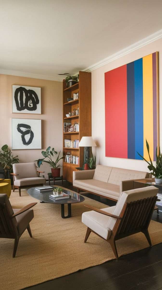 A mid century modern living room featuring contemporary artwork on the walls, with a cozy seating area and bookshelves.