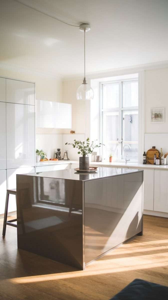 A contemporary kitchen island with a high gloss finish, featuring a vase with greenery on top.