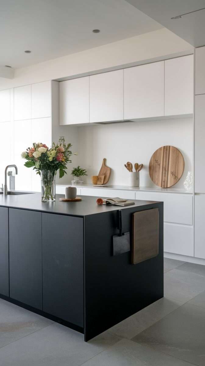 A contemporary minimalistic kitchen island with a black surface, fresh flowers, and light cabinetry in the background.