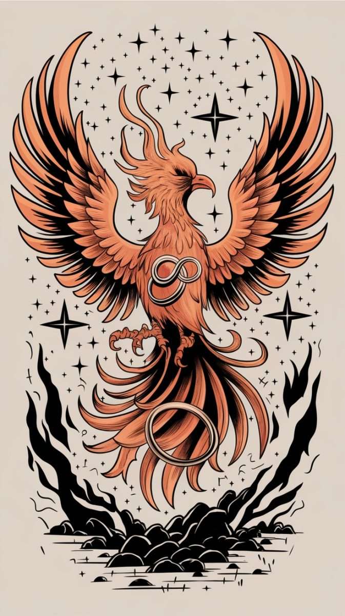 An artistic representation of a phoenix tattoo featuring a vibrant orange and black color scheme, surrounded by stars and an infinity symbol.