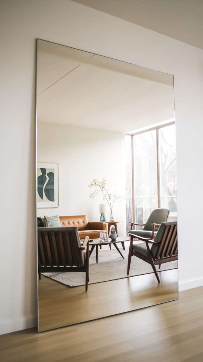 A spacious mid century modern living room featuring a large mirror, stylish furniture, and natural light.