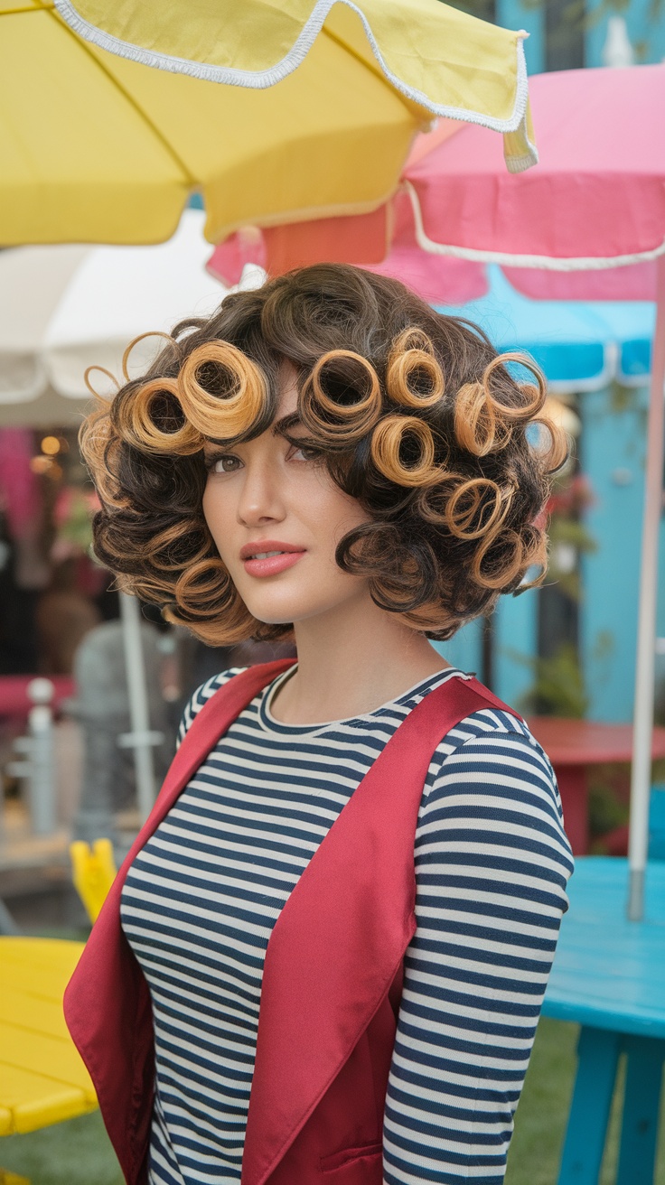 A woman with a curly bob hairstyle stands outdoors, showcasing defined curls and volume in her hair.