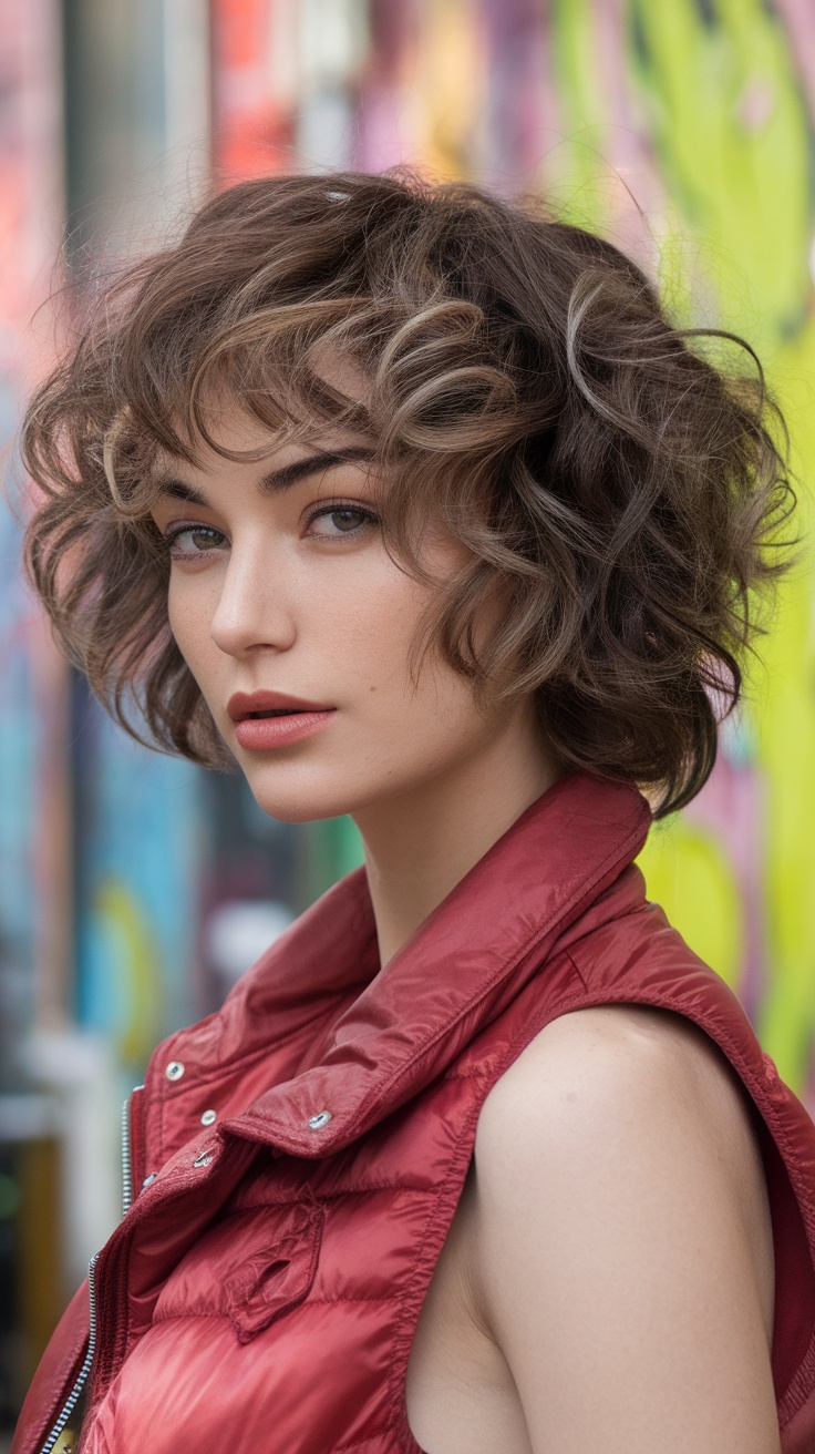 A young woman with defined curls wearing a red sleeveless jacket, set against a colorful background.