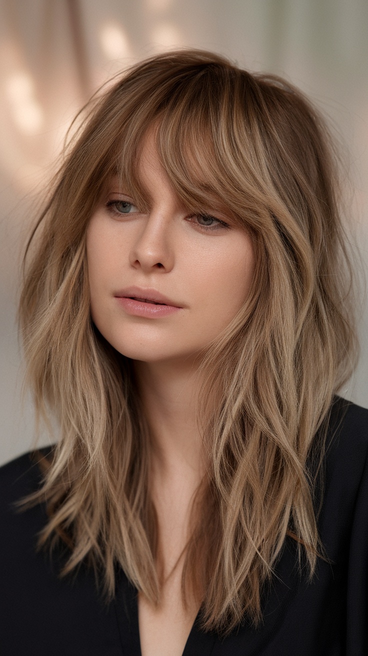 A woman with shaggy layers and curtain bangs, showcasing a casual and stylish hairstyle.