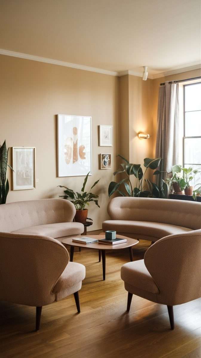 Mid century modern living room featuring curved sofas and a round coffee table.