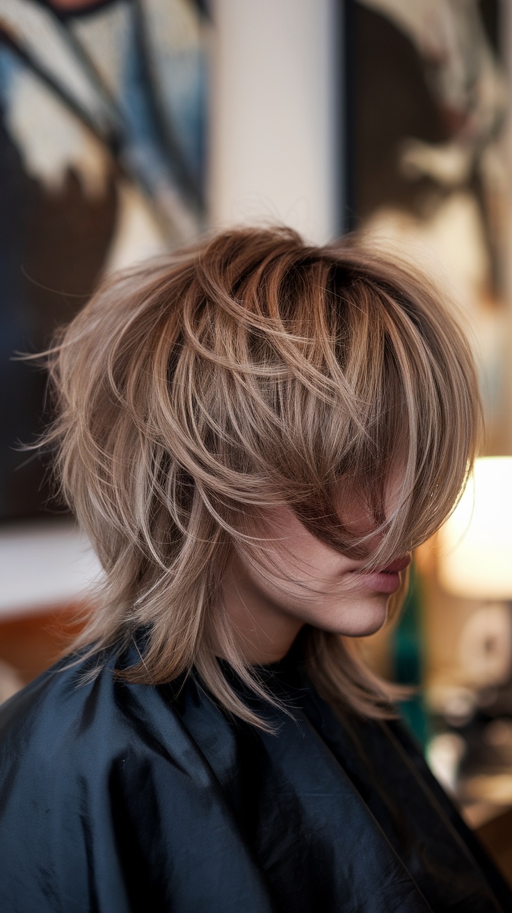 A woman with a disconnected shag haircut showcasing layers and texture.