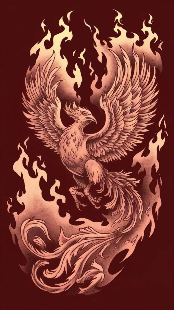 A feminine rebirth phoenix tattoo with dynamic movement, featuring a phoenix in flames.