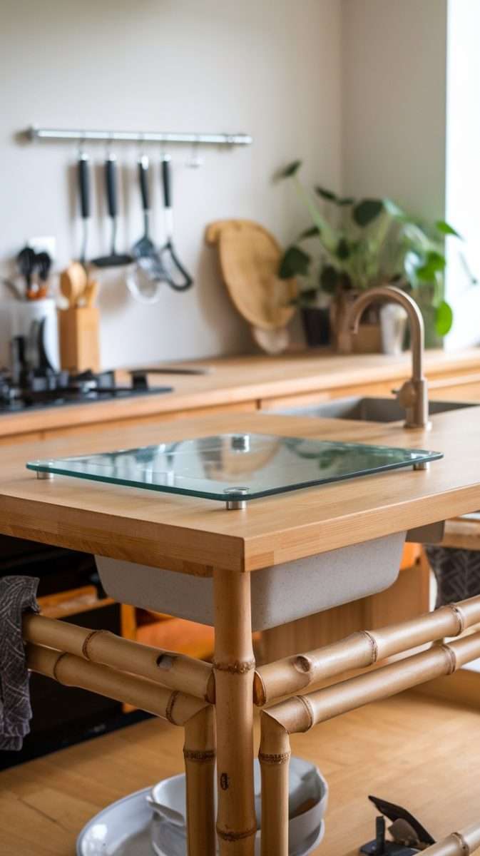Eco-friendly kitchen island made of bamboo with a glass top and natural decor.