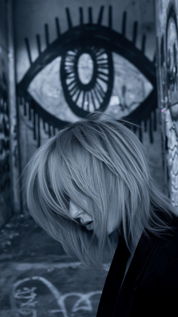 A person with shaggy hair styled in an edgy, layered cut in front of a graffiti wall.