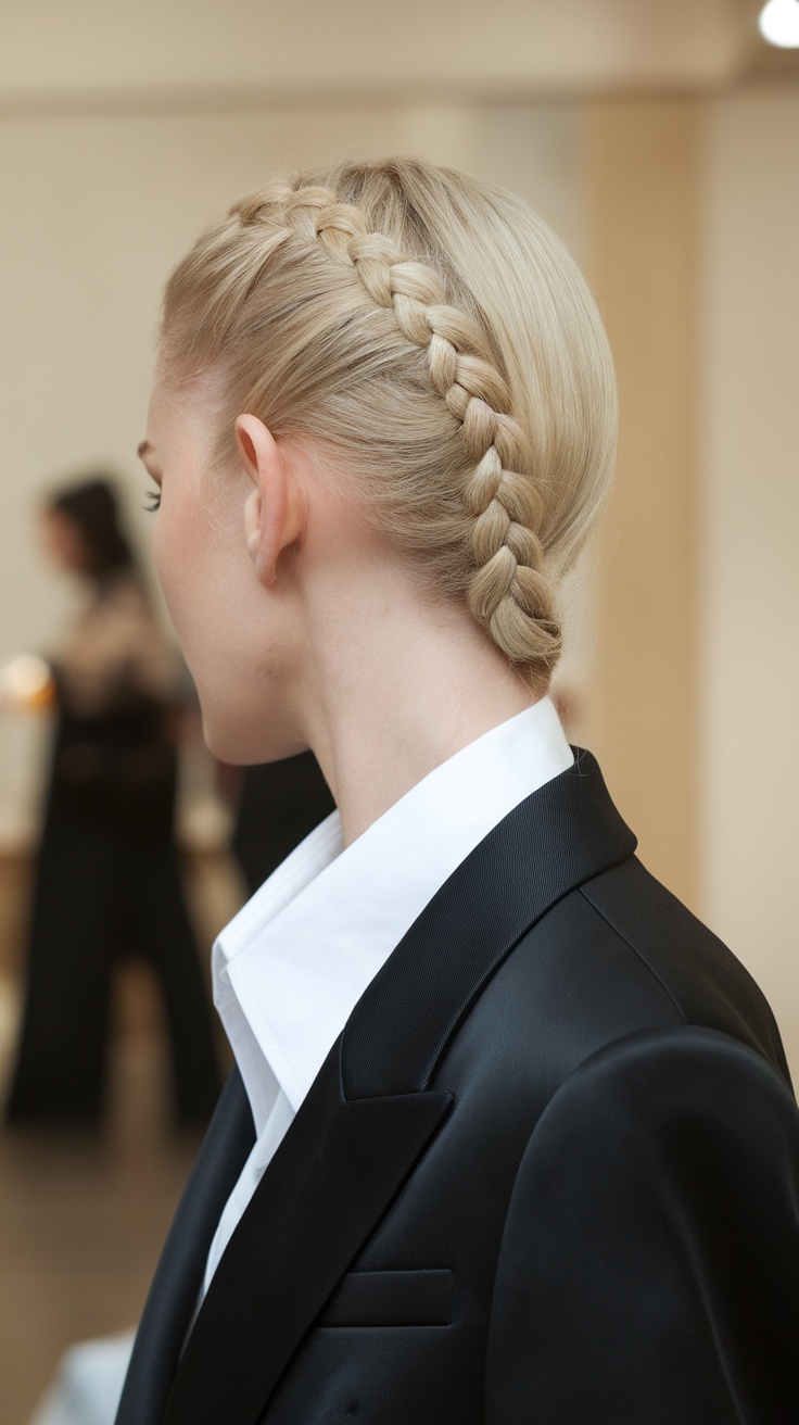 A side view of a woman with a neat braid, dressed in a black blazer and white shirt, showcasing an elegant short braid hairstyle.