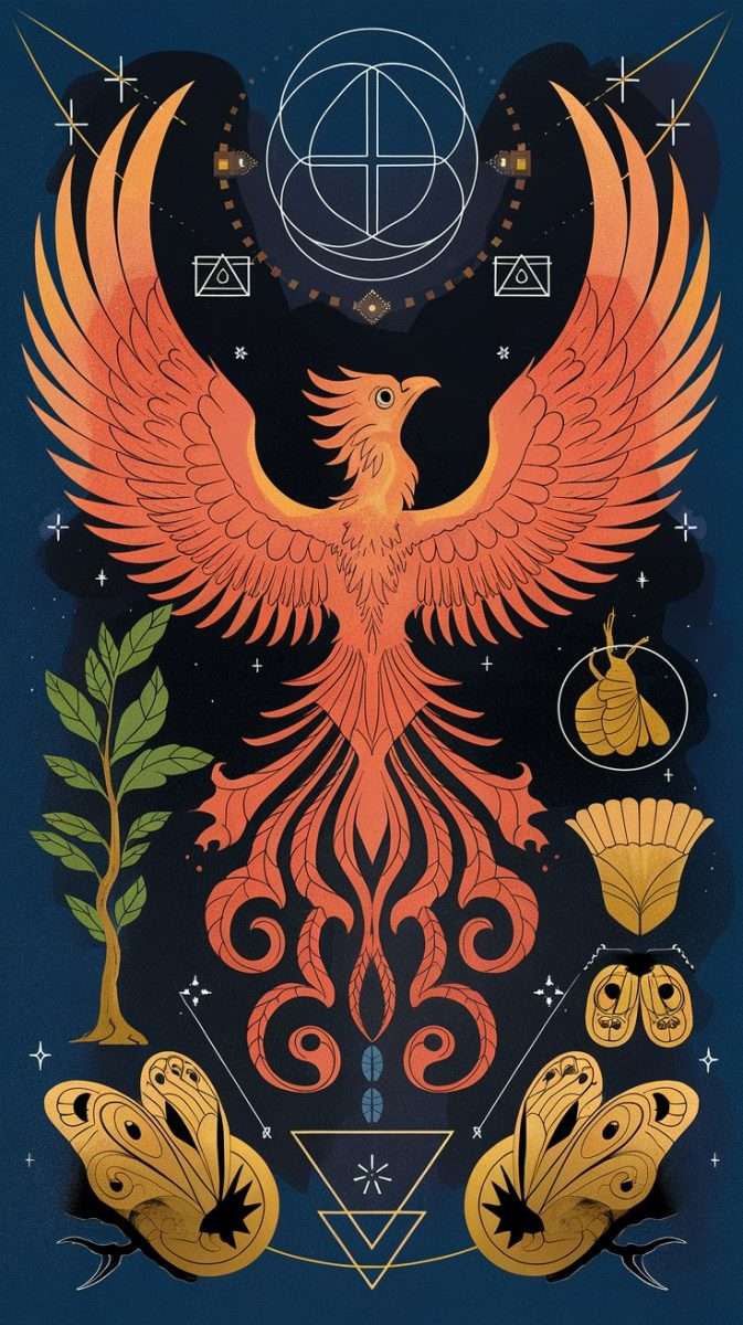 A colorful feminine rebirth phoenix tattoo design featuring a phoenix surrounded by nature elements.