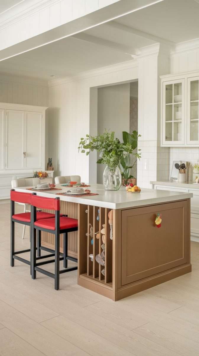 A family-friendly kitchen island featuring red stools, a warm wood design, and organized storage for utensils.