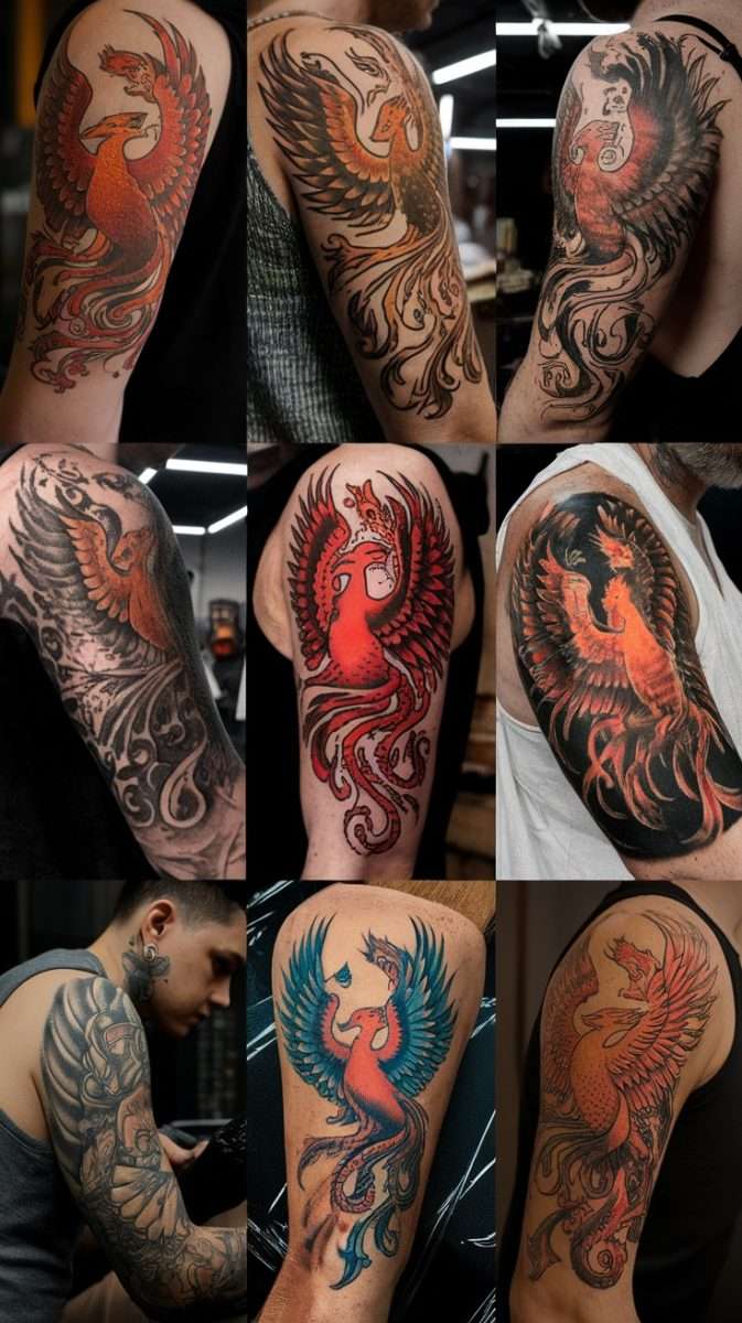 Collage of various feminine rebirth phoenix tattoos on different arms