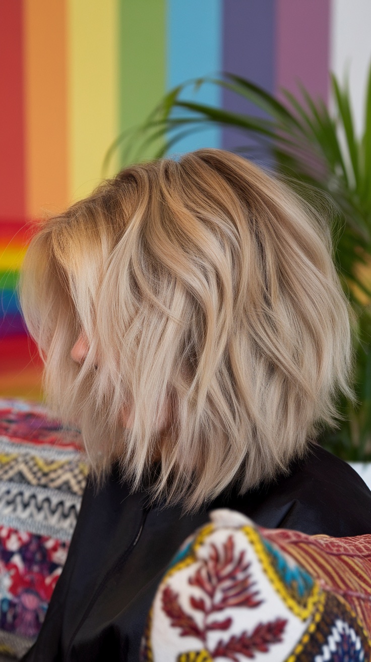 A woman with fluffy shag haircut, showcasing volume and texture.