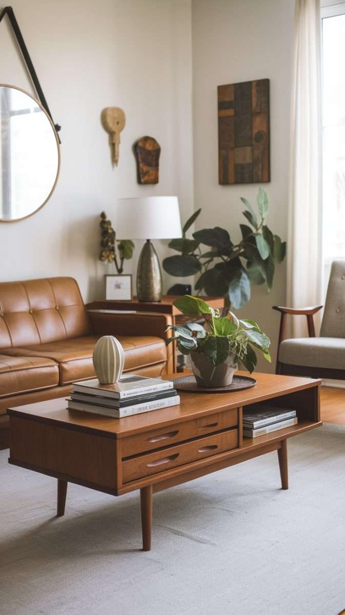 A mid century modern living room featuring a wooden coffee table with drawers, stacked books, and a potted plant.