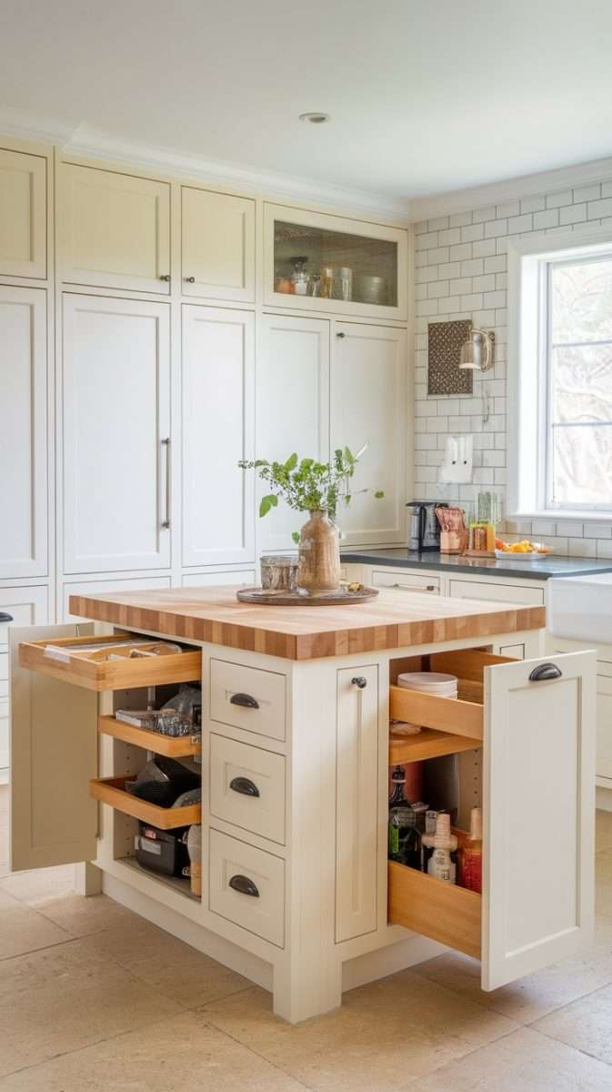 A kitchen island with a butcher block top and storage drawers, showcasing a functional and stylish design.
