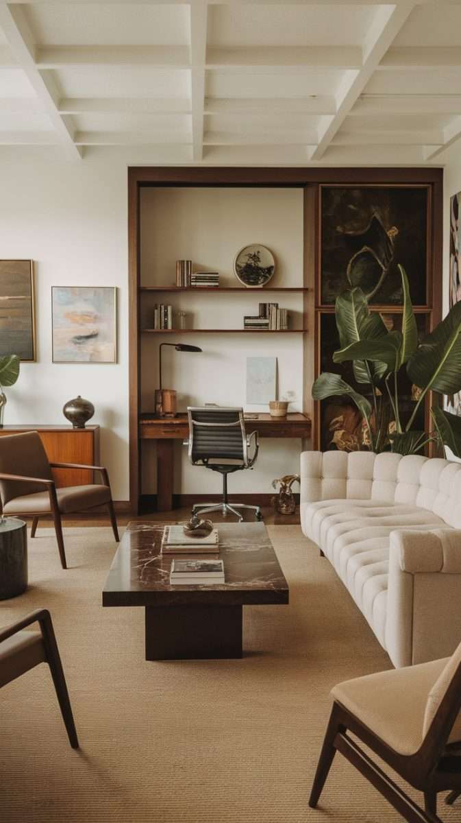 A mid century modern living room featuring a stylish workspace with a desk, chair, and decorative plants.
