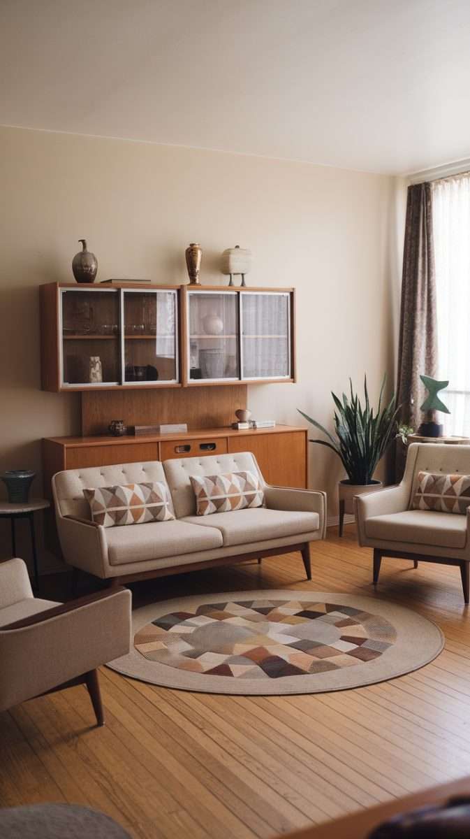Mid century modern living room with geometric patterns in textiles.
