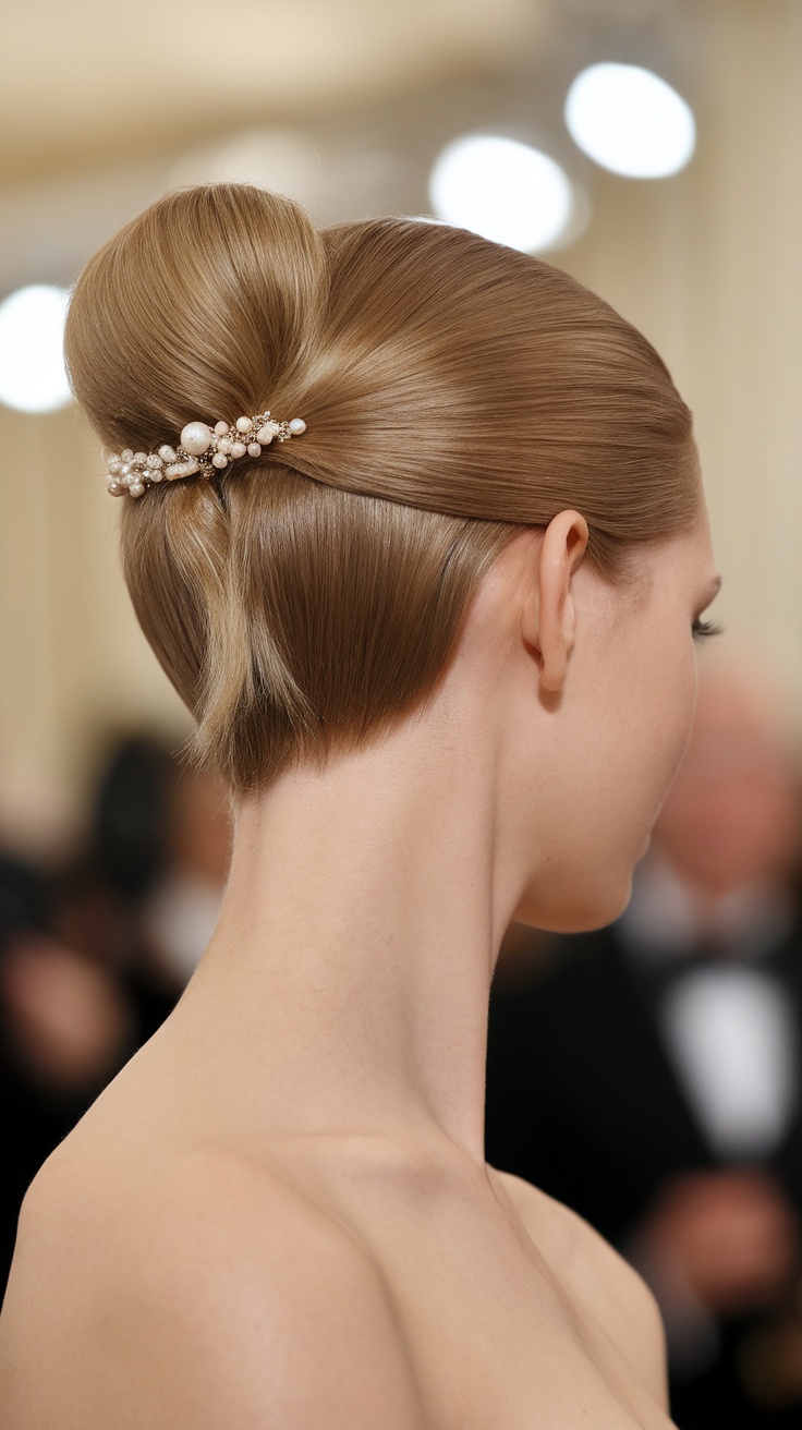 A sleek and elegant short updo hairstyle adorned with a pearl hairpiece.