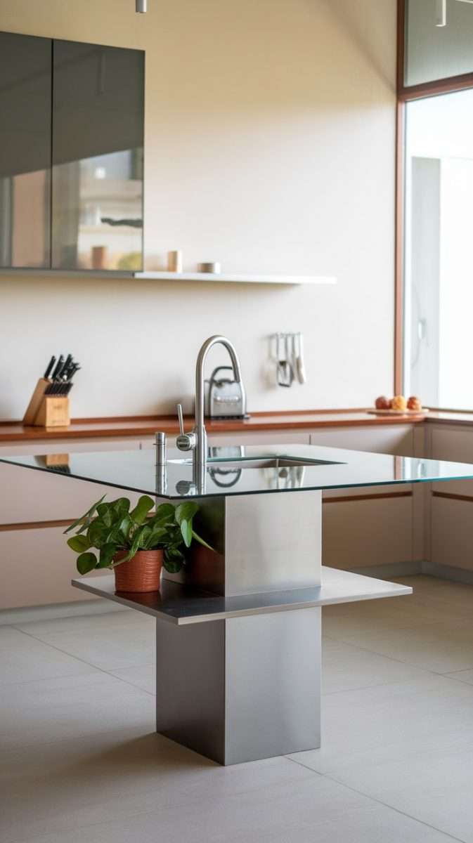 A modern kitchen island with a glass top and steel base, featuring a small plant for added warmth.