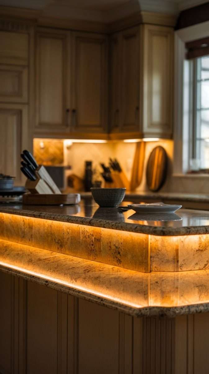 A kitchen island featuring granite countertops with warm backlighting, showcasing a cozy kitchen atmosphere.