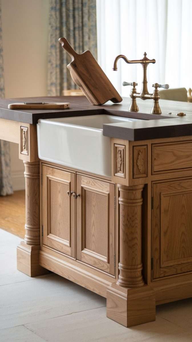 Beautiful kitchen island made of quality wood with intricate designs and a farmhouse sink.