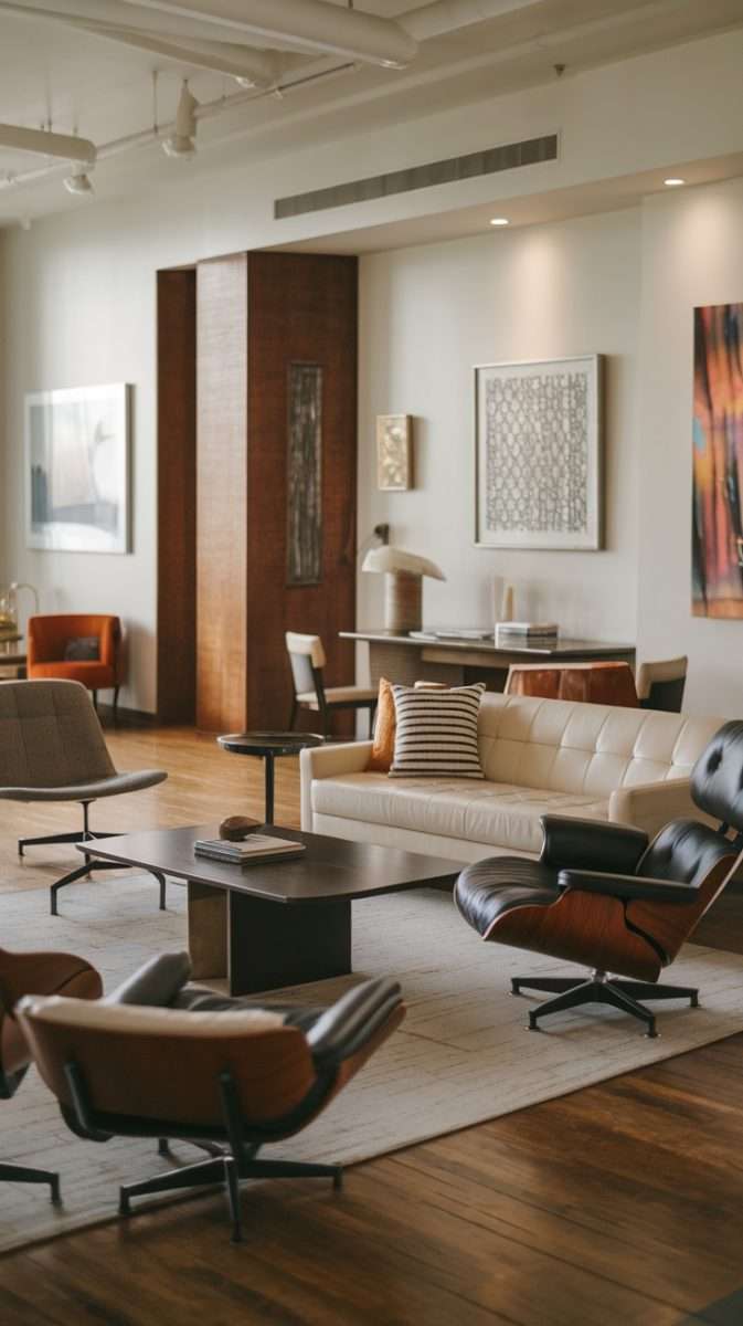 A stylish mid century modern living room featuring an Eames Lounge Chair, a light-colored sofa, and a wooden coffee table.