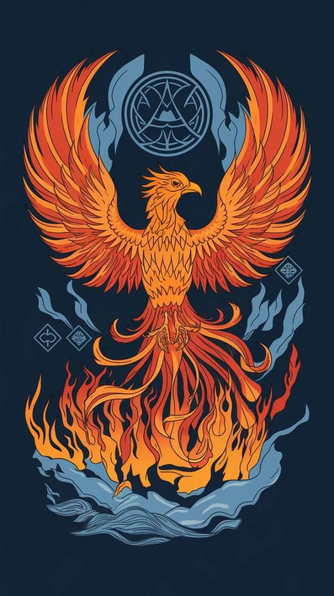 A colorful feminine rebirth phoenix tattoo design featuring flames and geometric elements.
