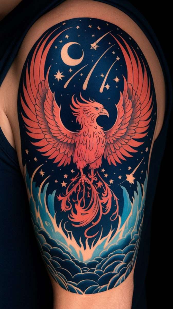 A colorful feminine rebirth phoenix tattoo featuring stars and celestial themes.