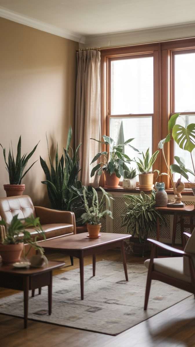 A mid century modern living room with various indoor plants, showcasing a cozy and fresh atmosphere.
